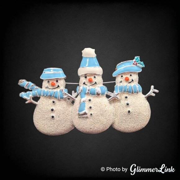 VTG Snowman Trio Winter Christmas Holiday Enamel Glitter Silver Tone Brooch Pin - Picture 1 of 8